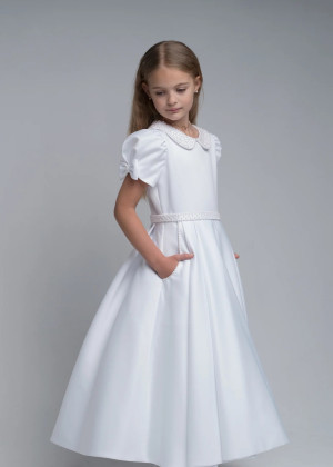 Beaded Peter Pan Collar White Satin Cute Flower Girl Dress